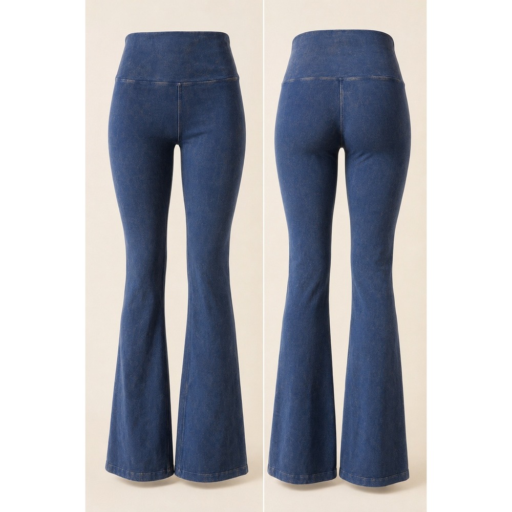 Hard Tail Forever Foldover Yoga Pants Denim Blue Flare Leggings Boho Athleisure